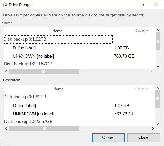 Select backup source and destination