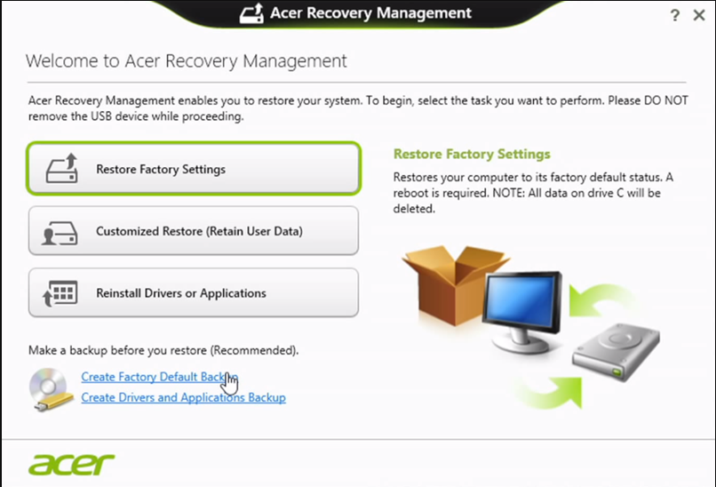 Acer eRecovery Management menu