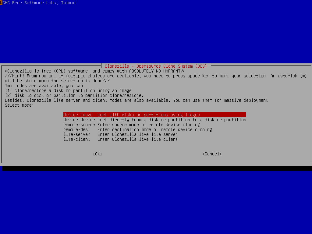 select device-image Clonezilla