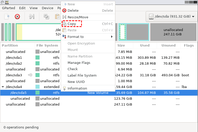 copy selected partition