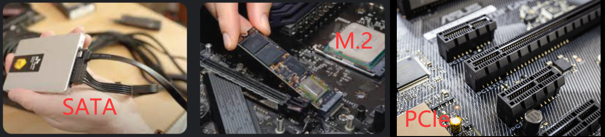 Different SSD interfaces, SATA, M.2, PCIe