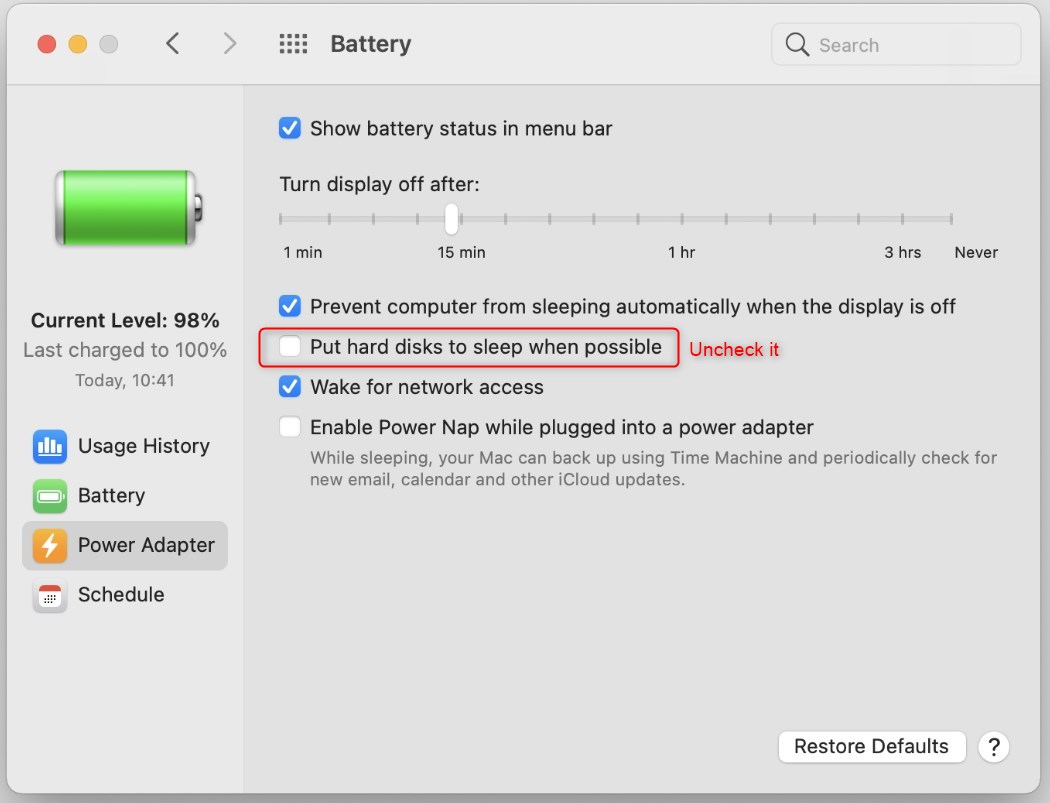 disable Put hard disks to sleep when possible