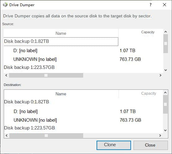 Select backup source and destination