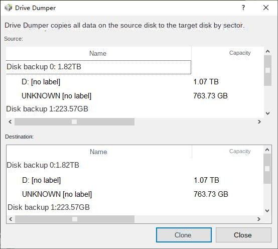 Select the original disk and destination for data backup