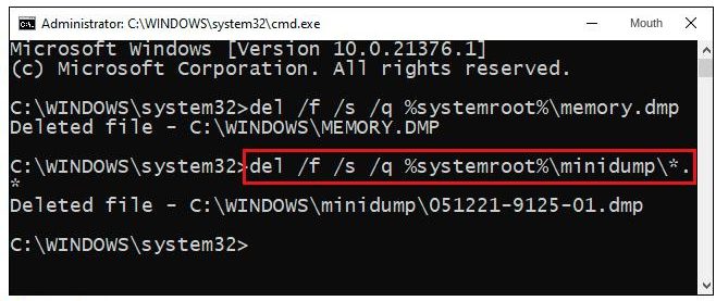 Enter the command line to delete the minidump file