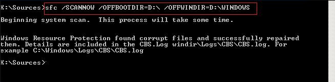 Run sfc /scannow /offbootdir=D: /offwindir=D:windows