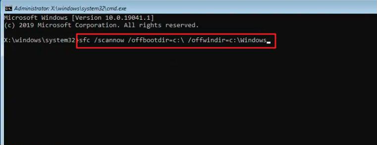 Enter the sfc /scannow /offbootdir=c: /offwindir=c:windows command