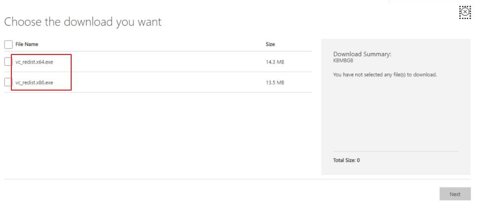 Select vc redist.x64.exe or vc redist.x86.exe