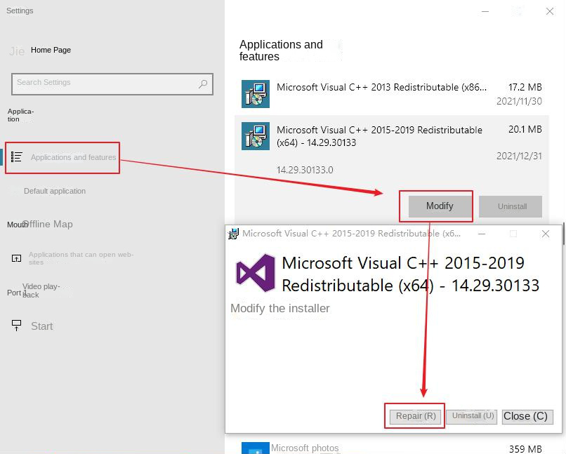 Find Visual C++ Modify Installer in Apps and Features