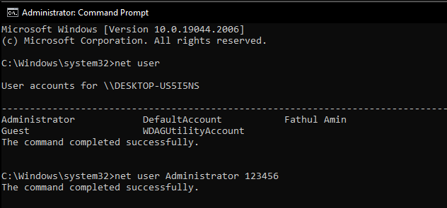 net user command to reset Windows account password