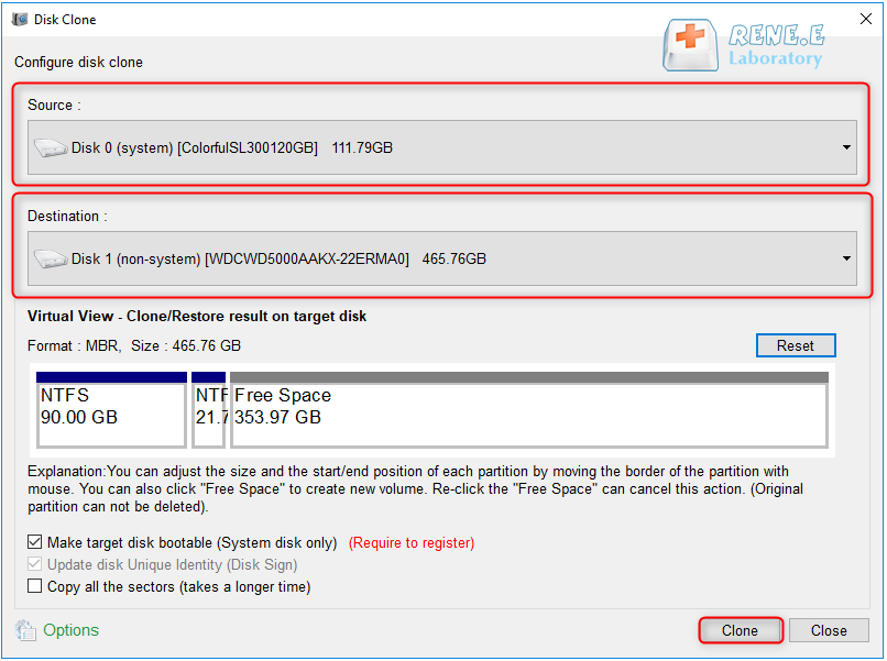 select the source and target disk