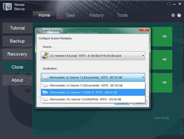 select target disk and desination in system redeploy function in renee becca