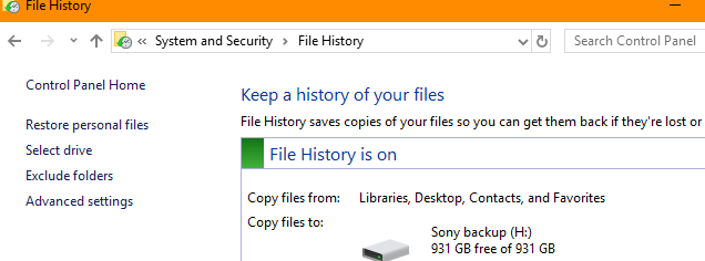 Working with File History from the Control Panel