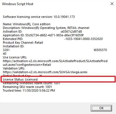 Windows product key/license status