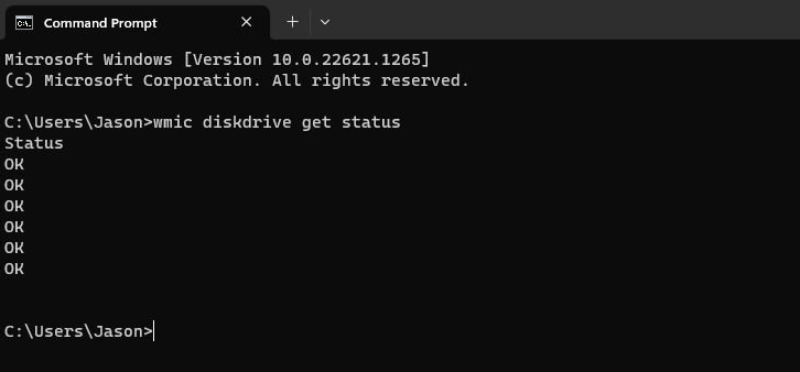 A Windows terminal window showing how to check drive health with SMART data.