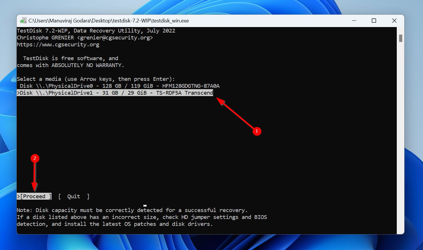 TestDisk drive selection screen showing drives to choose from.