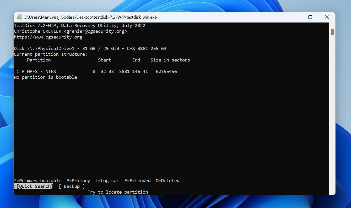 TestDisk showing a partition with a quick search option.