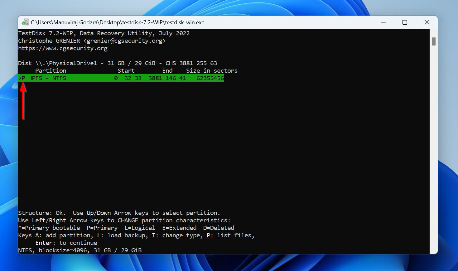 TestDisk screen displaying the detected partition with size and structure details.