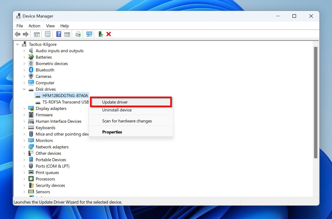 Screenshot of Device Manager in Windows showing the context menu for a hard drive.