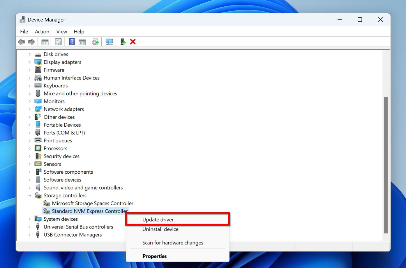 Screenshot of Device Manager in Windows showing the context menu for a Storage Controller.