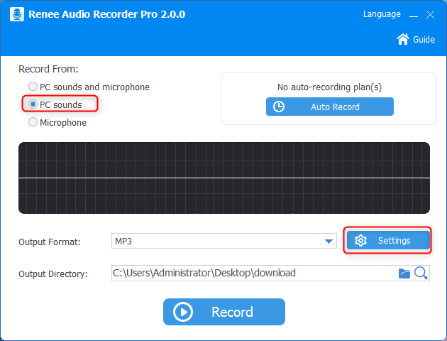 set audio pc sounds and set record quality in renee audio recorder pro