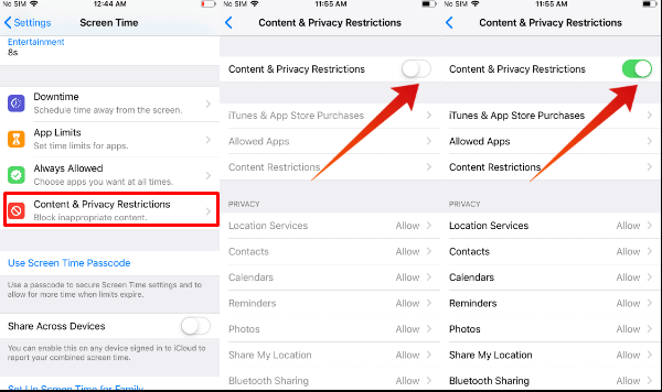 Add content and privacy access restrictions