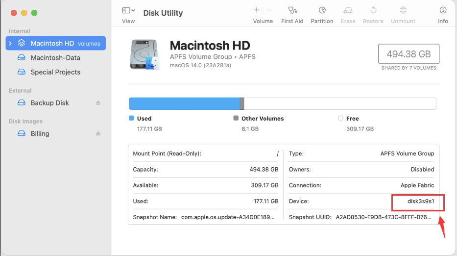 MacOS disk utilities, device path