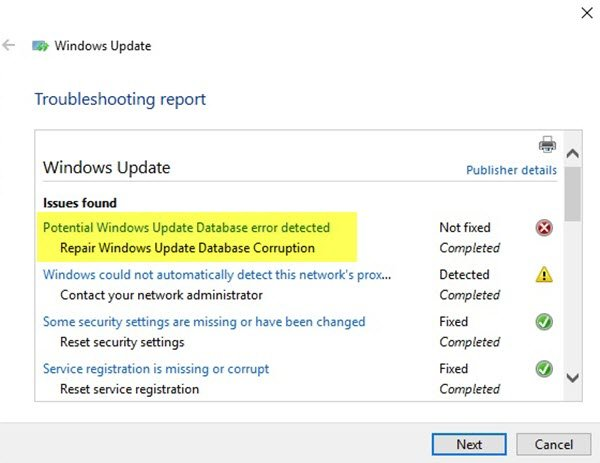 Possibile messaggio di errore del database di aggiornamento di Windows rilevato