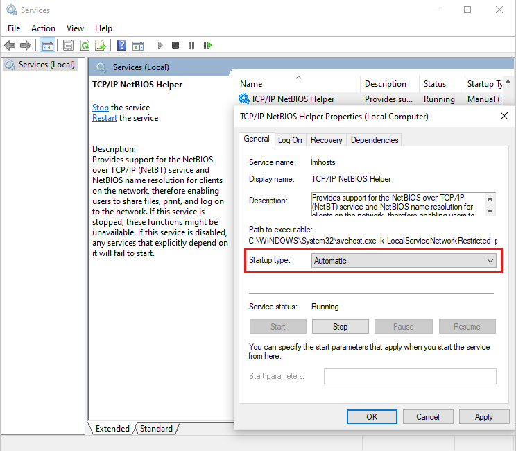 set service TCPIP NetBIOS Helper automatic