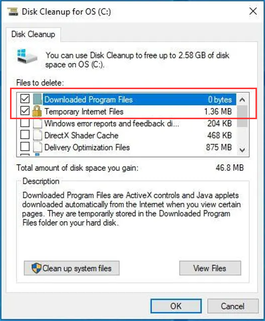 Select Temporary Files in Disk Cleanup