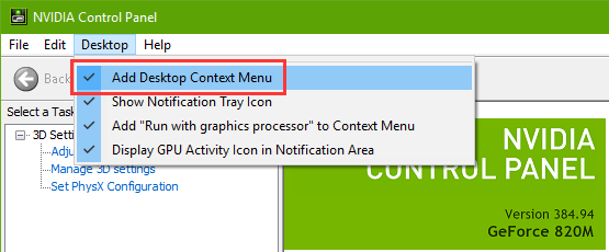 NVIDIA Aggiungi il menu contestuale del desktop