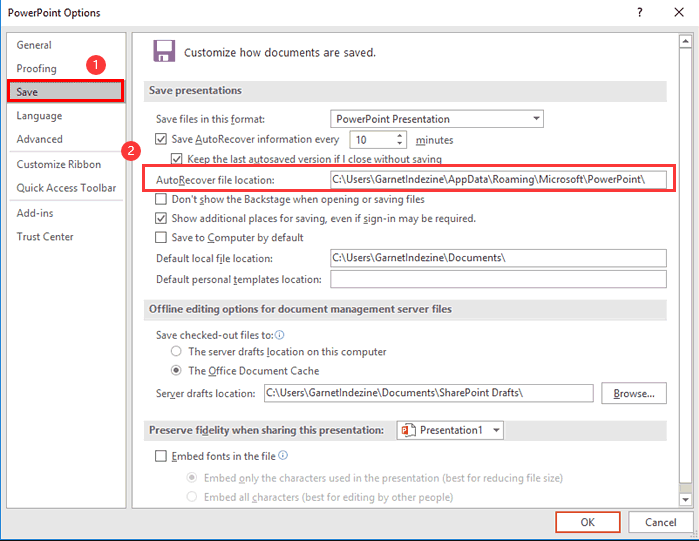 View powerpoint AutoSave file locations