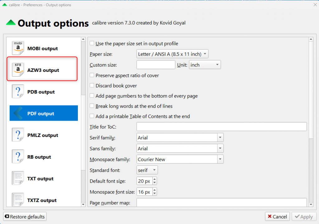 Caliber pdf to AZW3