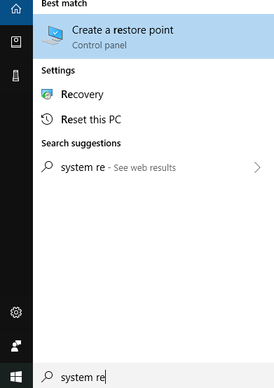 find create restore point in windows 10,