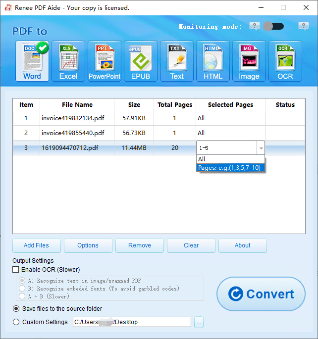 PDF to Word select pages