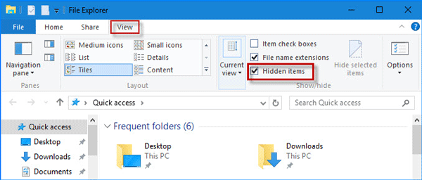 file explorer hidden items