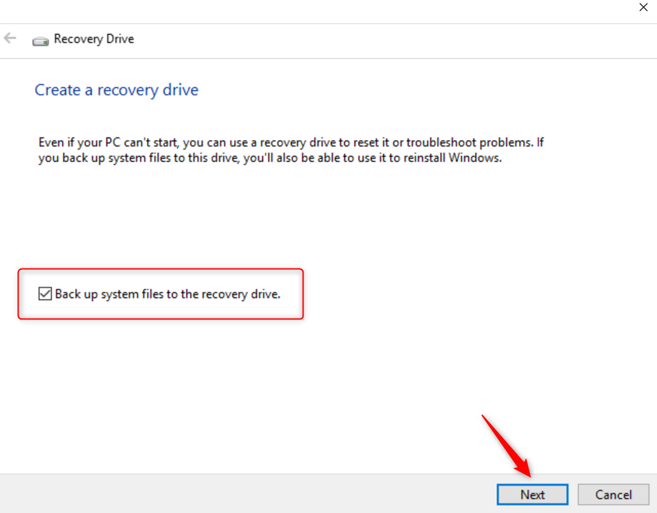 Back up system files to the recovery drive