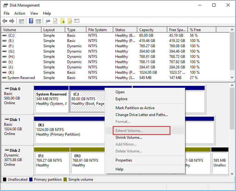 extend volume greyed out windows