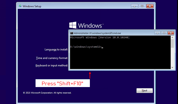 shift + f10 lors de l'installation de Windows