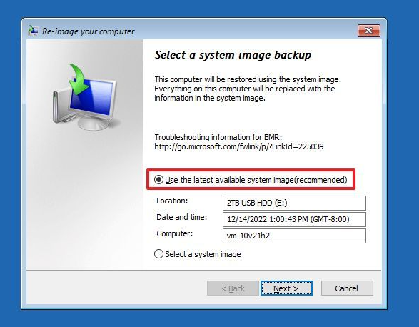 system restore select image